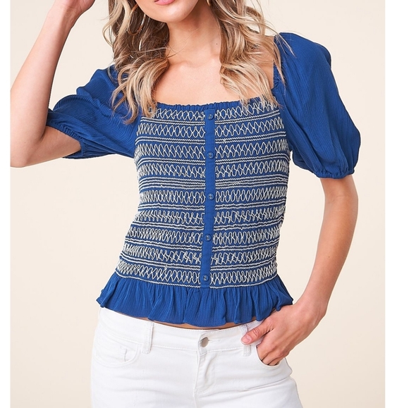 Blue Smocked Square Neck Top - Picture 1 of 5